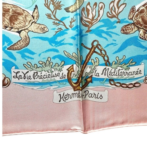 Hermès Pink Blue Rare “La Vie Précieuse de la Méditerranée” Silk Scarf 90 - Picture 4 of 12
